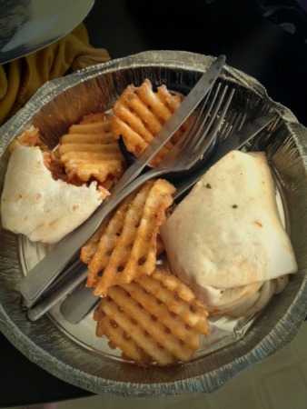 Tofu burrito, fries, and cutlery. Huzzah! 