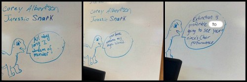 Our boss is less than pleased about Corey's snide remarks. We've been telling her it's out of our hands - Corey has a mind of his own. And it's filled with bitchy retorts